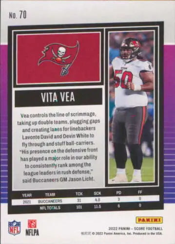 2022 Score #70 Vita Vea football card with original gloss, Buccaneers collectible