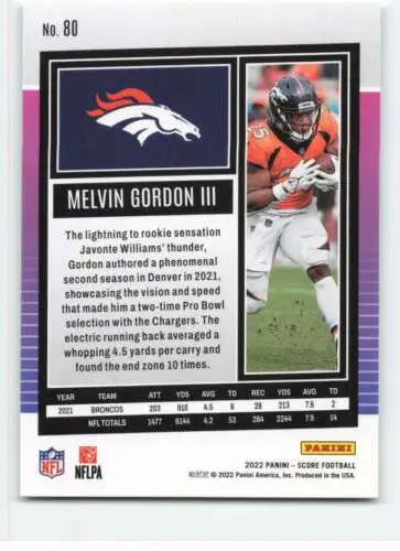 Melvin Gordon III football card 2022 Score #80 original gloss NM-MT Broncos