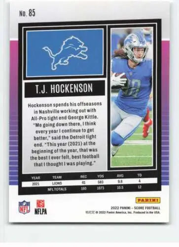 T.J. Hockenson football card 2022 Score #85 NM-MT original gloss Lions collectible