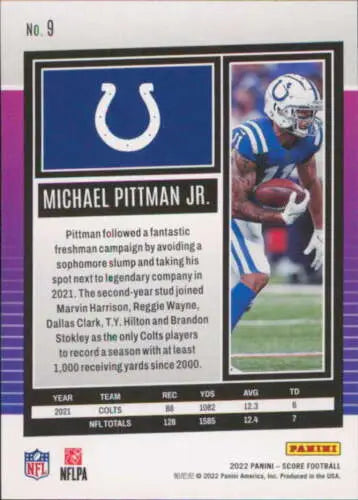 Michael Pittman Jr. football card 2022 Score #9 NM-MT original gloss Colts Simply Sandoval