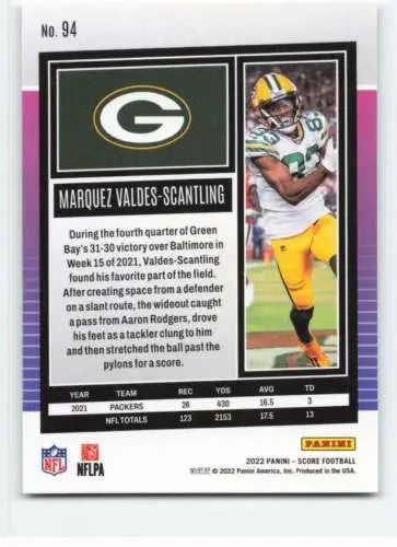 Marquez Valdes-Scantling NM-MT football card 2022 Score #94 original gloss collectible