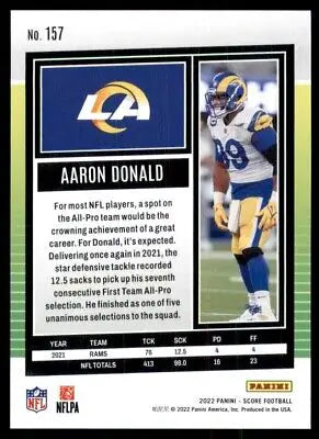 Aaron Donald football card 2022 Score Los Angeles Rams #157 text-align center display