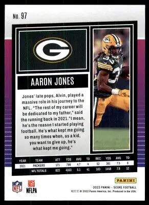 Aaron Jones football card from 2022 Score for Green Bay Packers #97, text-align center