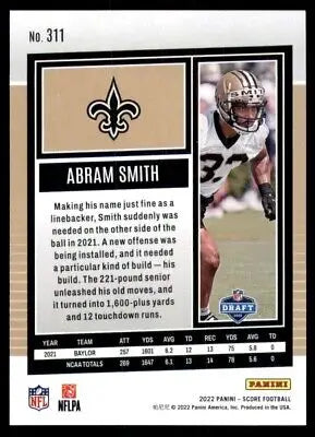 Abram Smith football card from 2022 Score New Orleans Saints #311, text-align center