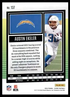 Austin Ekeler football card featuring Los Angeles Chargers 2022 Score #137 design