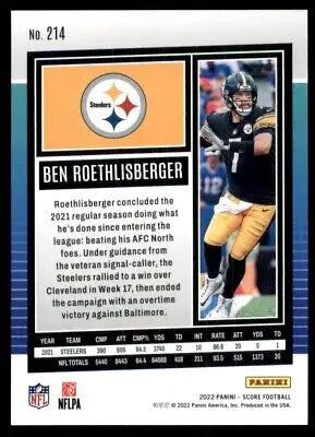 Ben Roethlisberger football card from 2022 Score Pittsburgh Steelers #214, text-align center