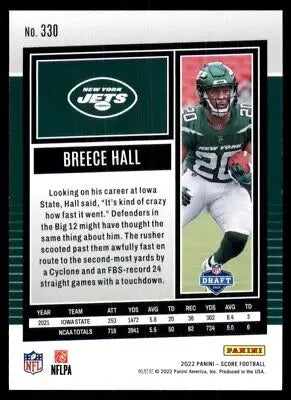 Breece Hall Rookie football card 2022 Score New York Jets #330 text-align center