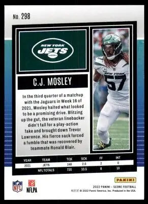 C.J. Mosley football card from 2022 Score New York Jets #298 with text-align center style