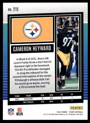 Cameron Heyward football card from 2022 Score Pittsburgh Steelers #215 text-align center