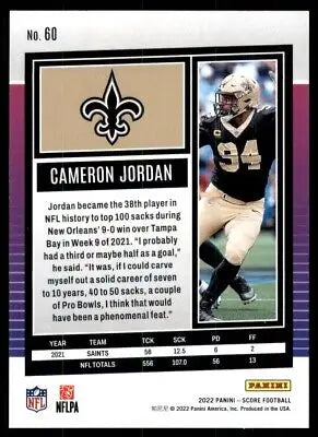 Cameron Jordan football card showcasing 2022 Score New Orleans Saints #60 design