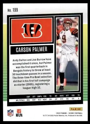 Carson Palmer Cincinnati Bengals football card 2022 Score #199 displayed beautifully