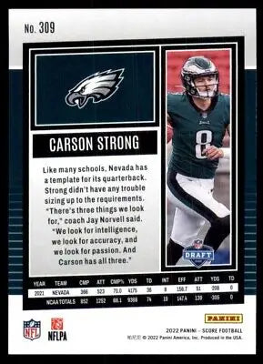 Carson Strong football card from 2022 Score Rookie Philadelphia Eagles #309 design