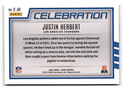 Justin Herbert 2022 Score Celebration football card with original gloss, LA Chargers