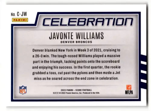 2022 Score Celebration Javonte Williams football card with original gloss finish