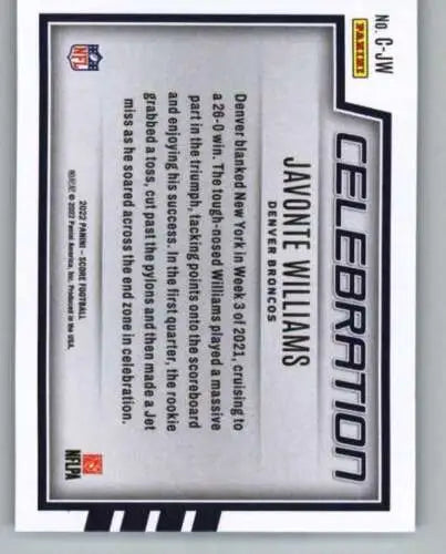 Javonte Williams football card from 2022 Score Celebration with original gloss finish