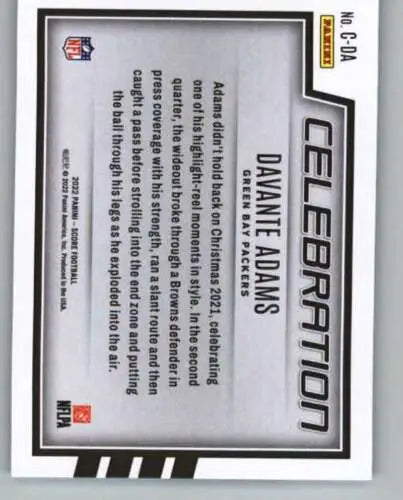 Davante Adams 2022 Score Celebration football card with original gloss, Packers