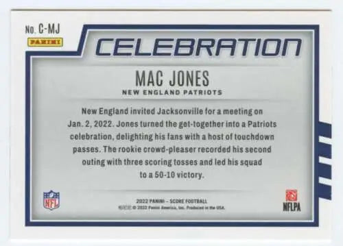 2022 Score Celebration Mac Jones NM-MT Patriots football card with original gloss finish