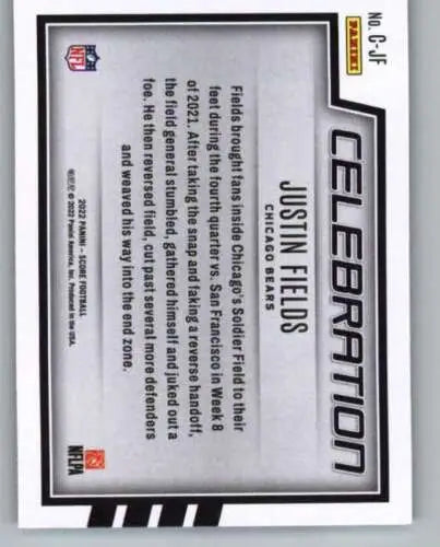 Justin Fields football card from 2022 Score Celebration with original gloss, Bears