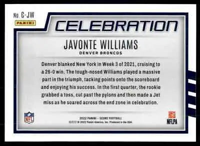 Score Celebration Javonte Williams football card from Denver Broncos 2022 Score set