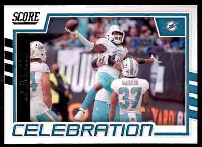 Football celebration trading card featuring Jaylen Waddle from 2022 Score Celebration