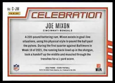 Football card back of 2022 Score Celebration Joe Mixon for Cincinnati Bengals