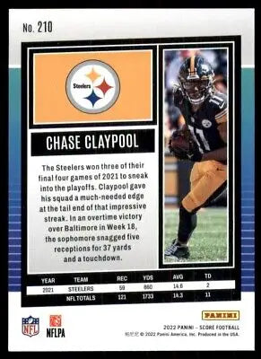 Chase Claypool football card from 2022 Score Pittsburgh Steelers #210 collectible