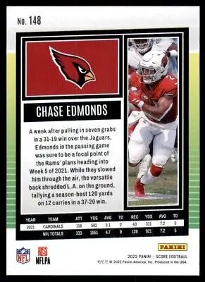 Chase Edmonds football card 2022 Score Arizona Cardinals #148 text-align center line-height normal