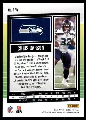 Chris Carson football card from 2022 Score Seattle Seahawks #175, text-align center