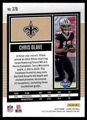 Chris Olave football card from 2022 Score New Orleans Saints #378, text-align center