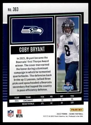 Coby Bryant football card 2022 Score Rookie Seattle Seahawks #363 text-align center