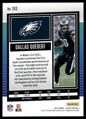 Dallas Goedert football card from 2022 Score Philadelphia Eagles #243 display