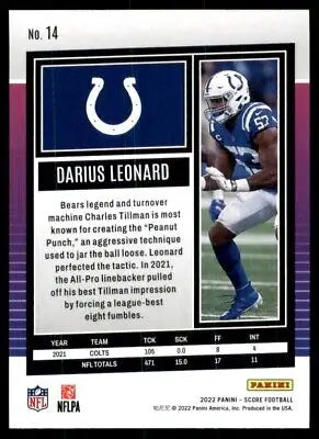 Darius Leonard football card from 2022 Score Indianapolis Colts #14 on display