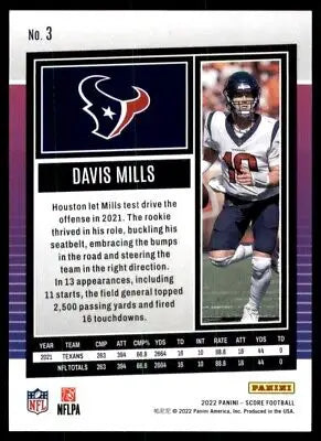 Davis Mills football card from 2022 Score Houston Texans #3, text-align center