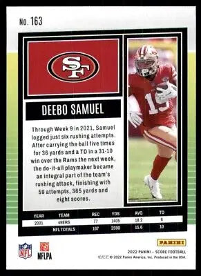 Deebo Samuel football card 2022 Score San Francisco 49ers #163 text-align center