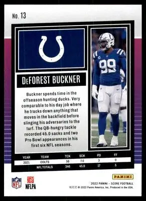 DeForest Buckner football card from 2022 Score Indianapolis Colts #13 collectible item