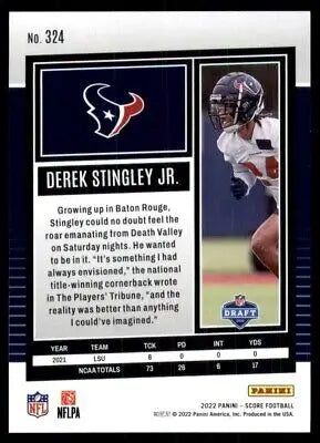 Derek Stingley Jr. Rookie football card 2022 Score Houston Texans #324 text-align center