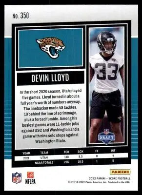 Devin Lloyd football card from 2022 Score, Jacksonville Jaguars #350, text-align center