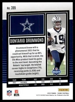 Dontario Drummond Rookie football card from 2022 Score Dallas Cowboys #399 centered display