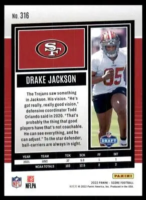 Drake Jackson 2022 Score Rookie Card for San Francisco 49ers #316 displayed center