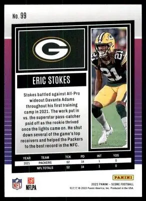 Eric Stokes football card 2022 Score Green Bay Packers #99 text-align center line-height normal