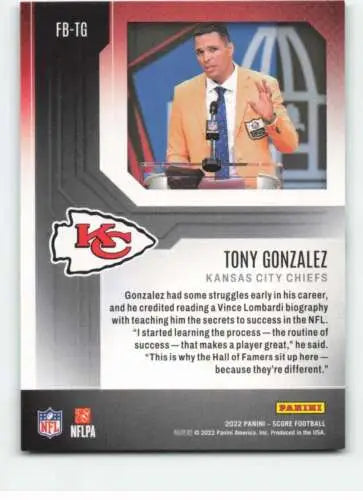 NFL trading card of Tony Gonzalez in gold jacket from Simply Sandoval with original gloss