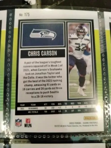 Chris Carson 2022 Score Football Base #175 card featuring Seattle Seahawks player