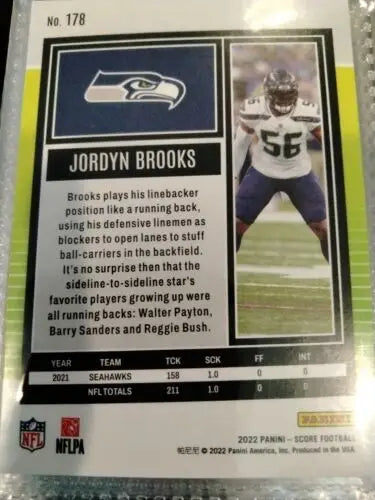 Score Football card featuring Jordyn Brooks from Seattle Seahawks trading collection