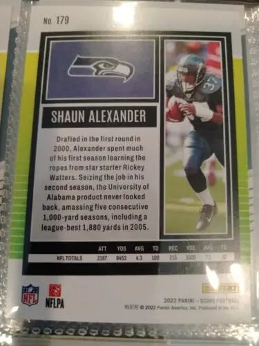 Shaun Alexander 2022 Score Football Base #179 card featuring Seattle Seahawks player