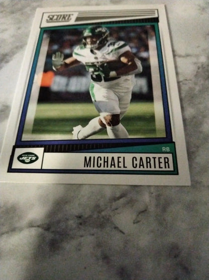 Michael Carter 2022 Score Football Card featuring New York Jets player