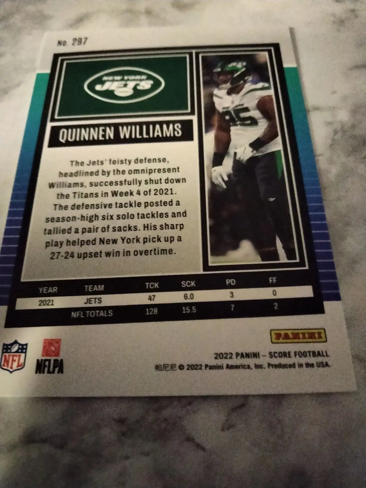 Quinnen Williams Score Football Card 297 New York Jets collectible trading card