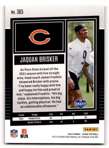 Jaquan Brisker football card 2022 Score Gold NM-MT RC Rookie Bears ID46336