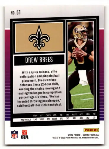 Drew Brees football card 2022 Score Gold #61 with original gloss for Saints fans