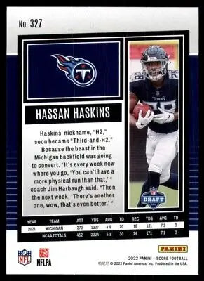 Hassan Haskins Rookie Football Card from 2022 Score Tennessee Titans #327, text-align center