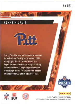 Kenny Pickett 2022 Score Hot Rookies #1 NFL Football Card Pittsburgh Panthers